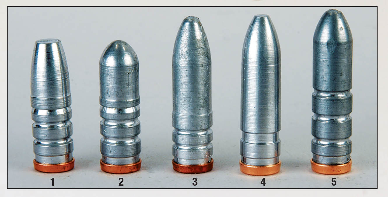 The five cast-bullet designs used most in Mike’s shooting with U.S. .30-caliber cartridges include the: (1) Lyman 311041, (2) Lyman 311291, (3) Lyman 311299, (4) RCBS 30-200-SIL and the (5) Lyman 311284.